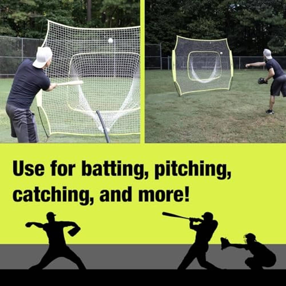Two baseball practice nets on bow frames with white mesh and lime green outlines