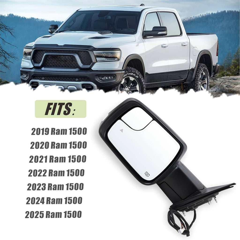 Left driver side heated signal mirror for Ram 1500, black housing with clear glass