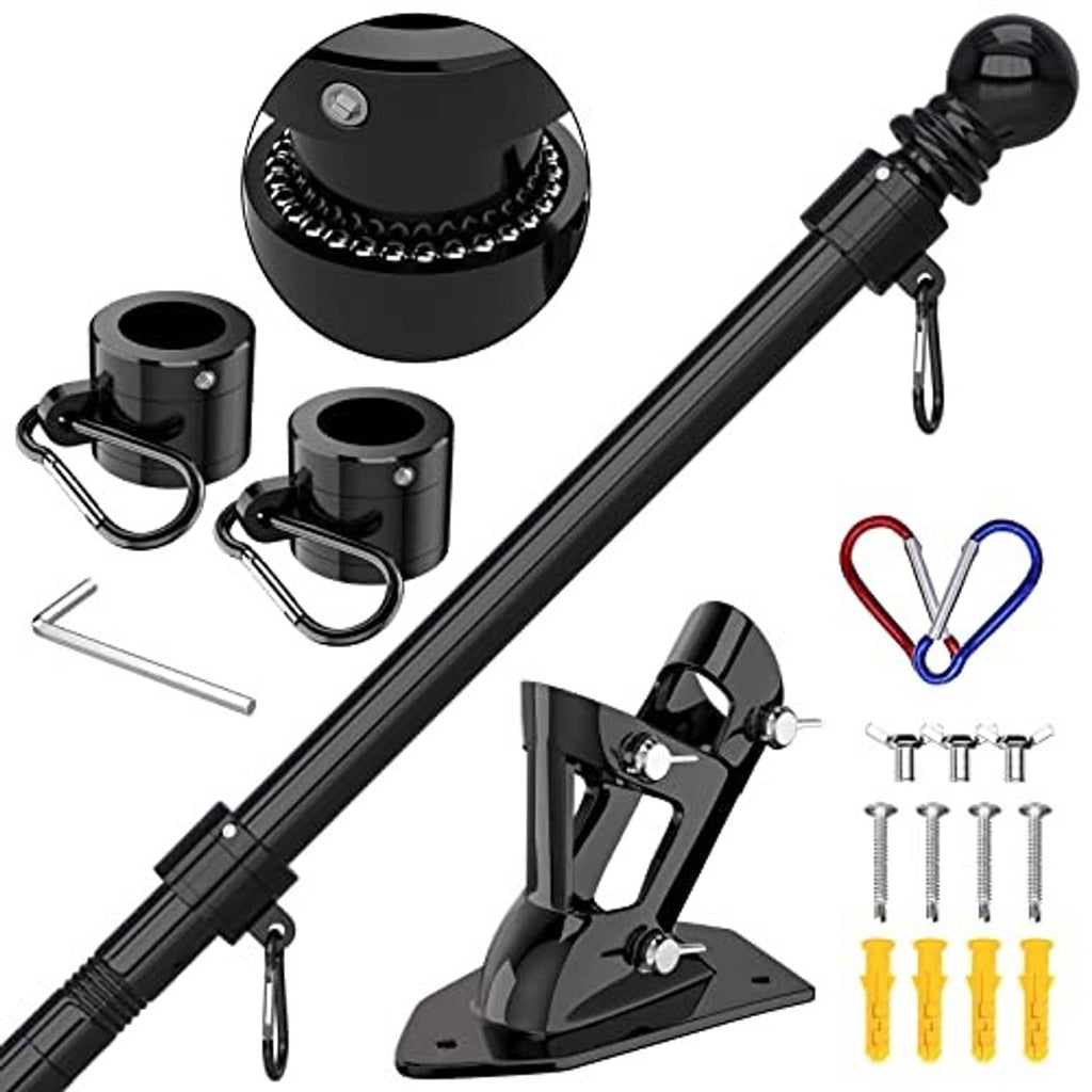 Black rotating flagpole assembly with wall bracket base, clamps, and included fasteners