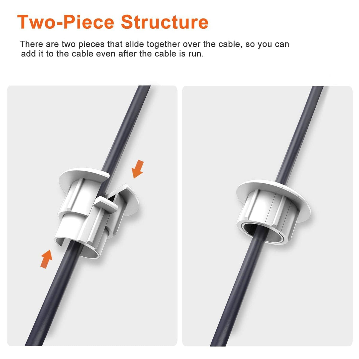 White two-piece cable grommet clips around cord, snaps together