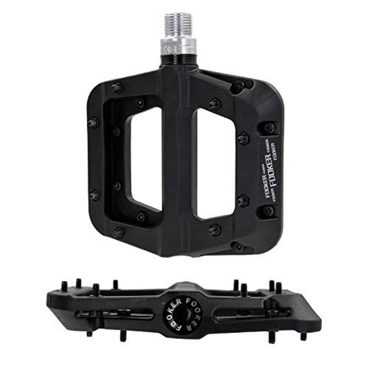 Black MTB flat pedal with dual open platforms and threaded axle, side view