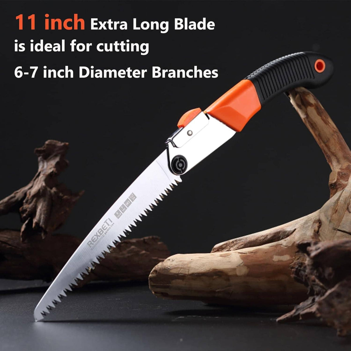 11-inch extra-long folding saw with silver blade and orange-and-black handle