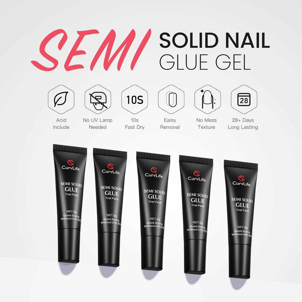 Semi solid nail glue gel tubes, five-pack, with 10s quick-dry and long-lasting icons