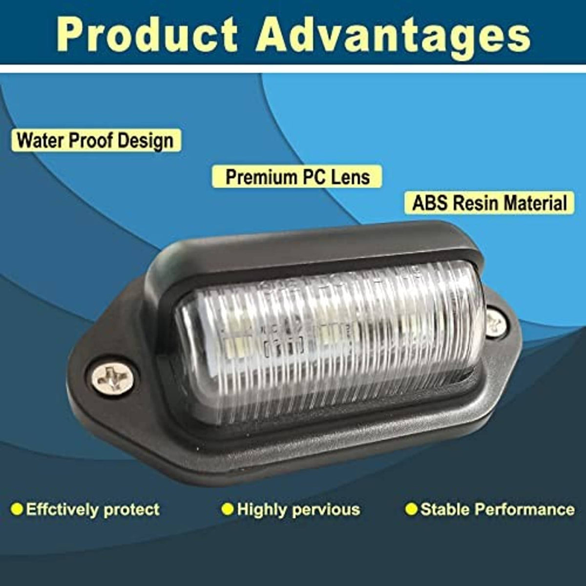Single black LED license plate light with clear ribbed lens and side mounting screws