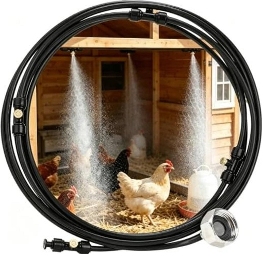 Pre-assembled black misting hose with multiple spray nozzles producing cooling mist in a coop