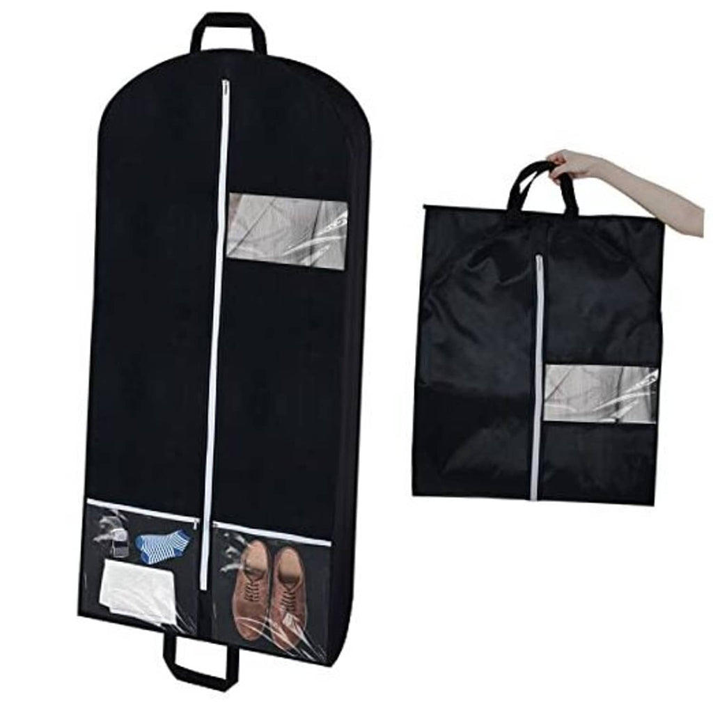 Set of black hanging garment bags with top handles and clear window front pockets