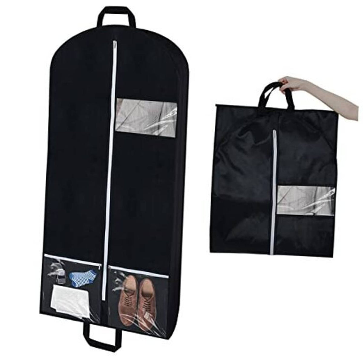 Set of black hanging garment bags with top handles and clear window front pockets