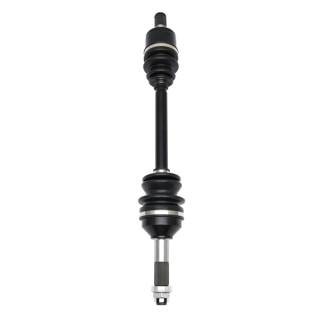 CV axle shaft with black rubber boots and vertical splined metal end, centered view