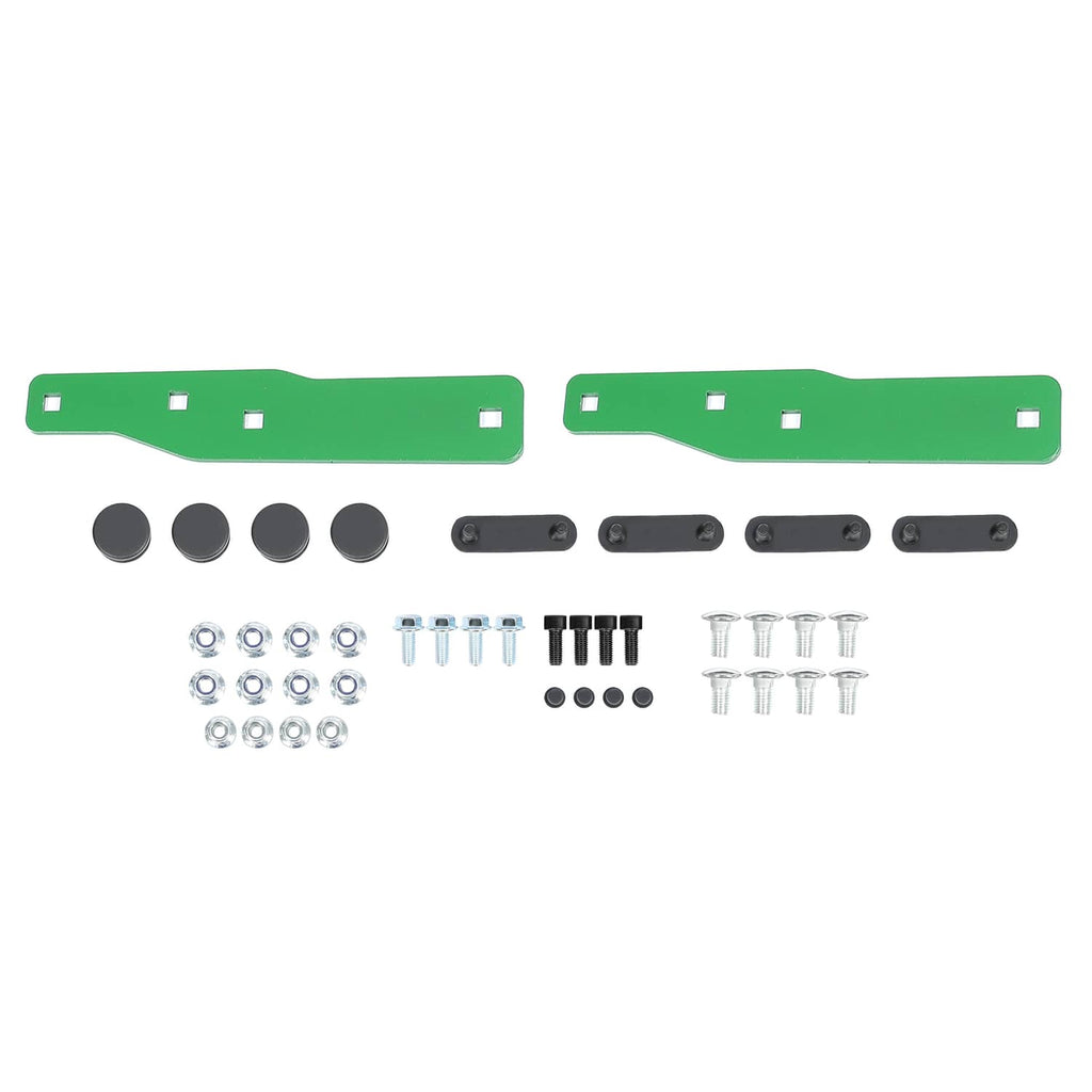 Rear bumper hitch kit contents: green brackets, brackets, bolts, washers, and pins