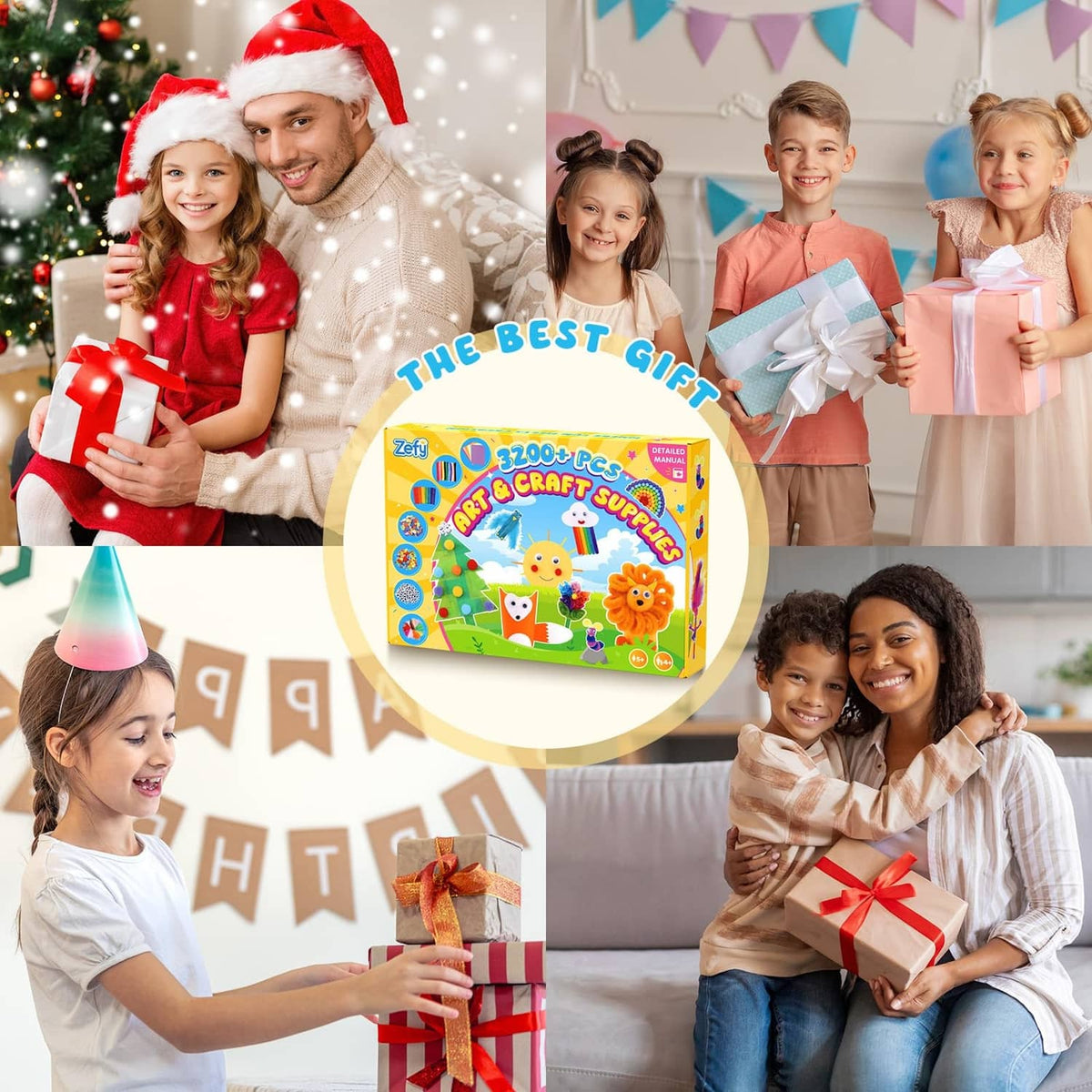 Family gift moment with kids holding a colorful craft supply box