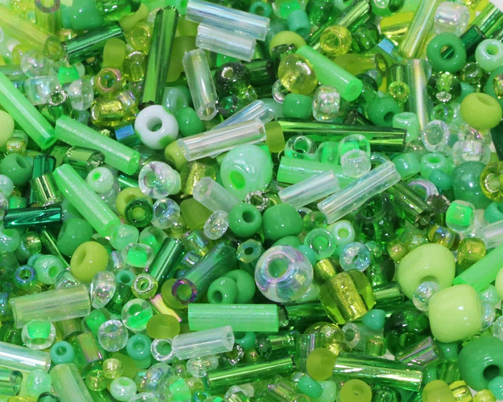 Translucent green tube beads mixed with solid green and white seed beads