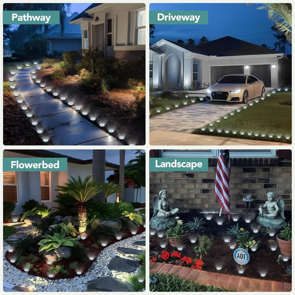 Mini solar ground lights, cool white, installed along walkway with small round heads