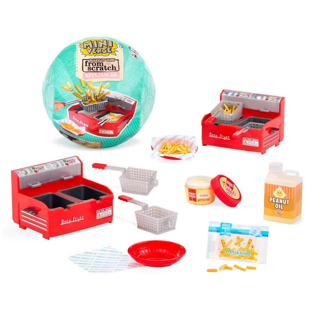 Mini kitchen appliance playset with red stove, cookware trays, and food props