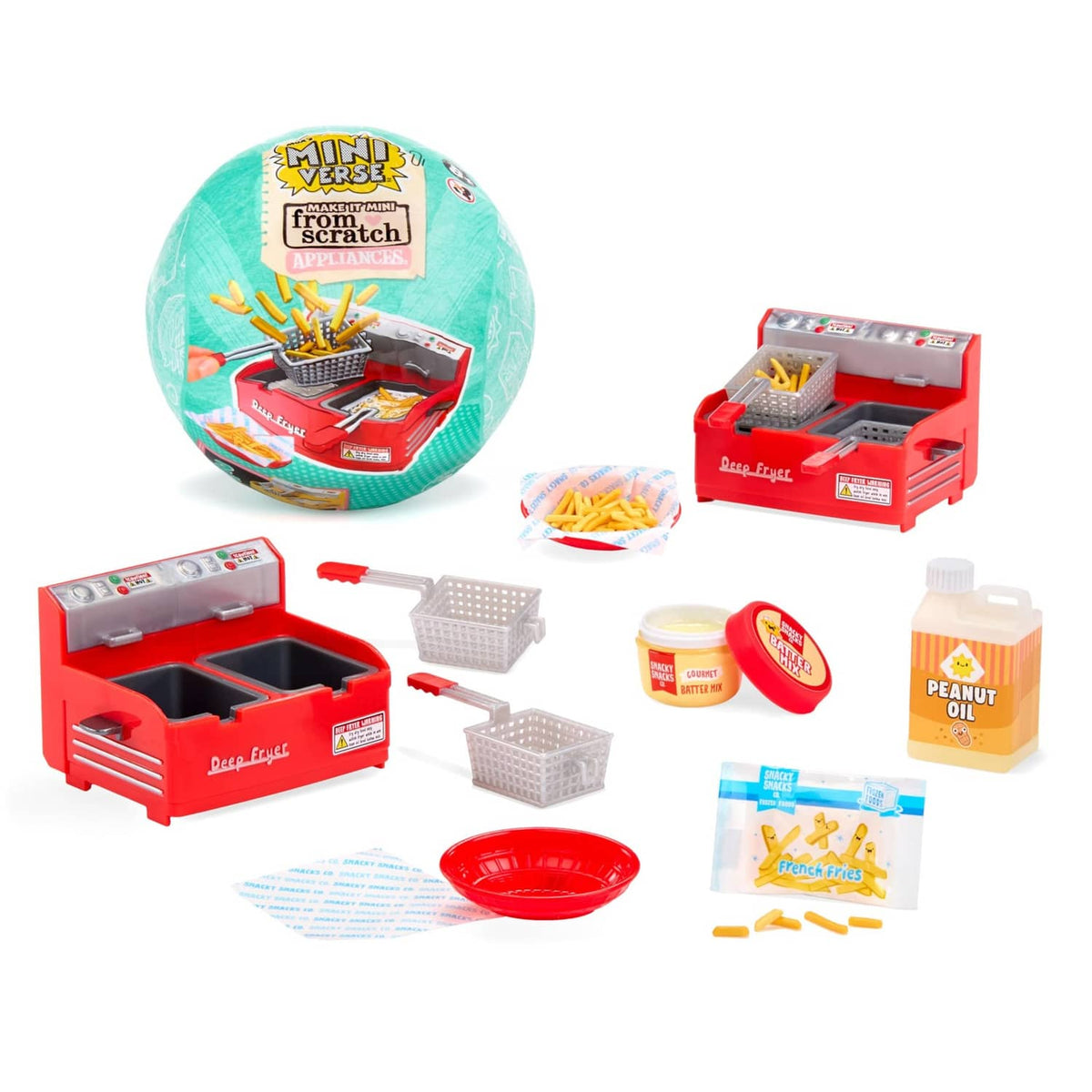 Mini kitchen appliance playset with red stove, cookware trays, and food props