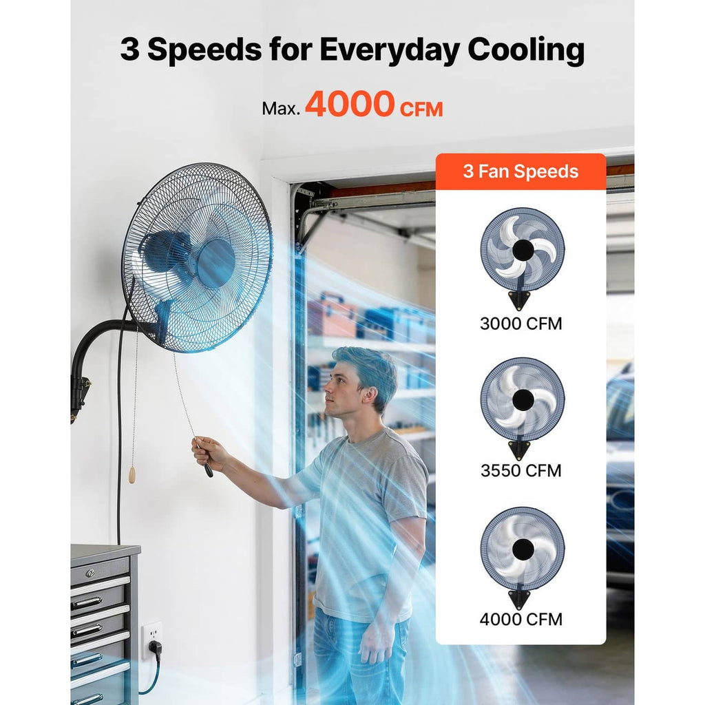 Industrial wall-mounted oscillating fan with wire grille and airflow head