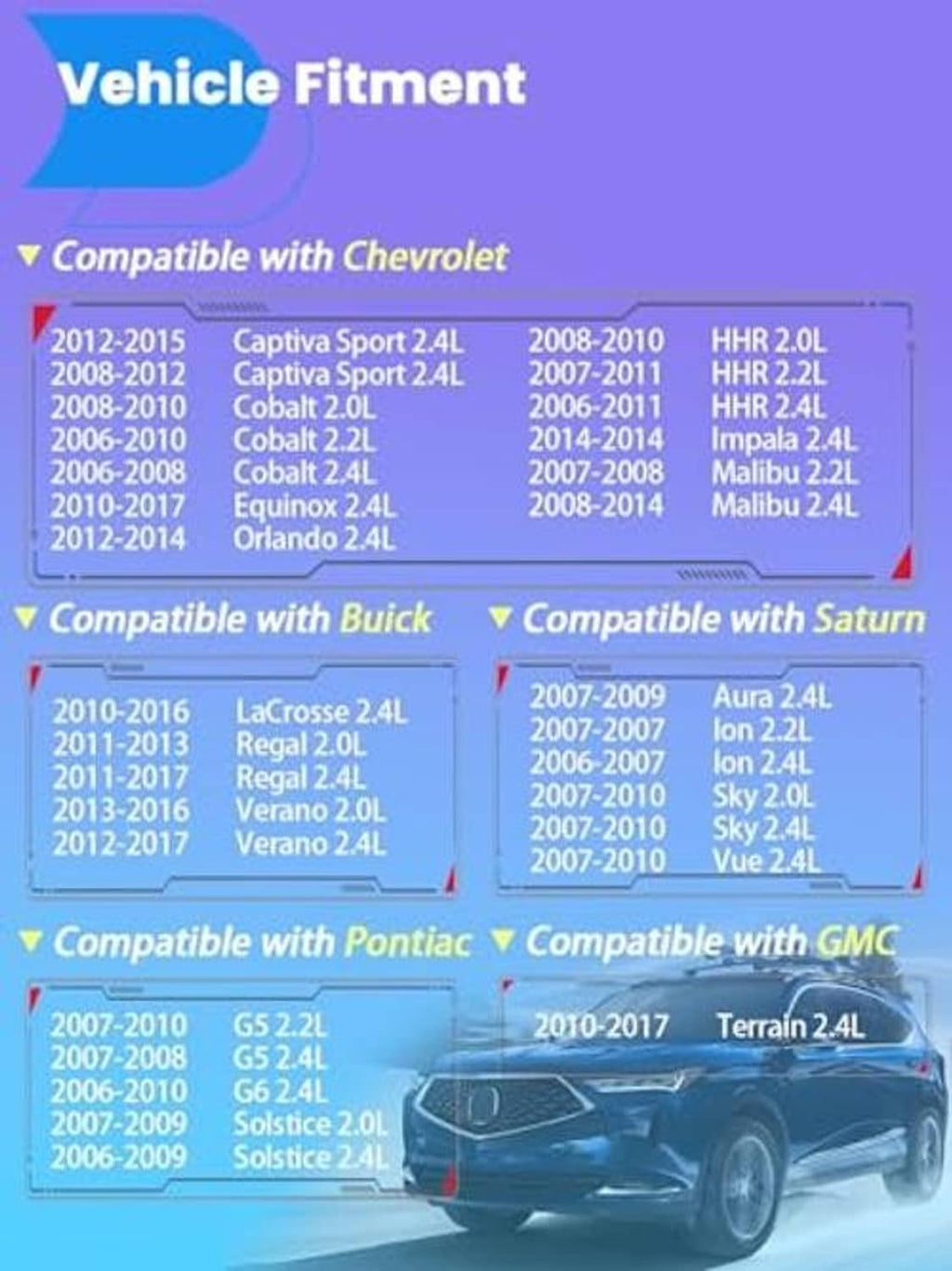 Vehicle fitment chart listing compatible Chevrolet, Buick, Saturn, and Pontiac models