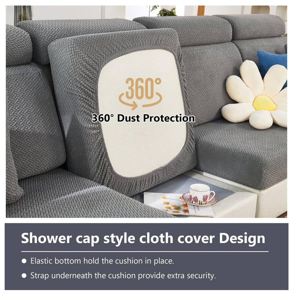 Gray textured chaise cushion cover on sofa with protective 360° dust cover design
