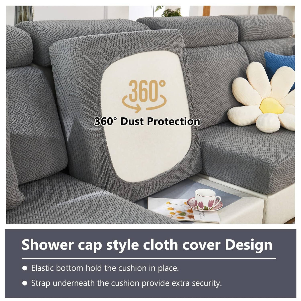 Gray textured chaise cushion cover on sofa with protective 360° dust cover design