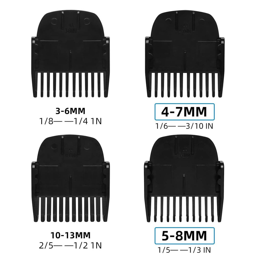Black comb guards with guide teeth and length settings, four sizes