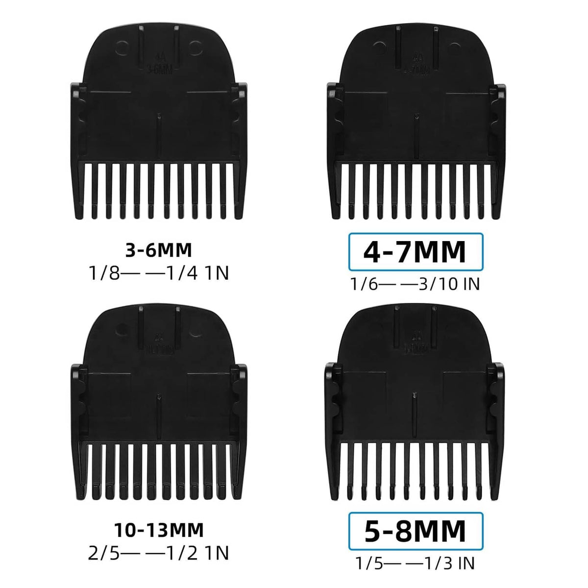 Black comb guards with guide teeth and length settings, four sizes