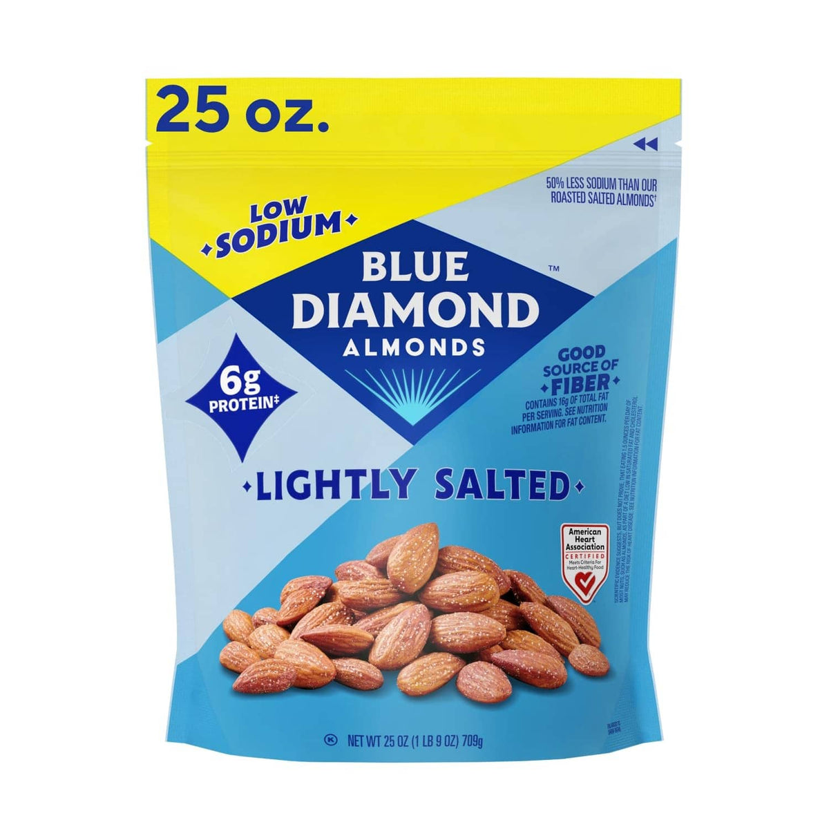 Blue Diamond lightly salted almonds bag, 25 oz, with roasted almonds pictured