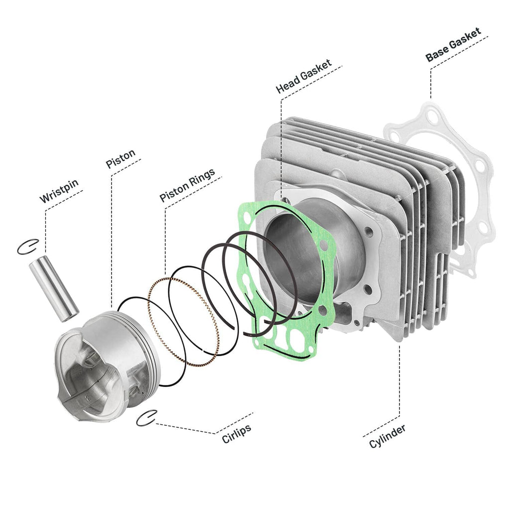 Exploded view of cylinder piston gasket kit with cylinder, piston, rings, and head/base gaskets