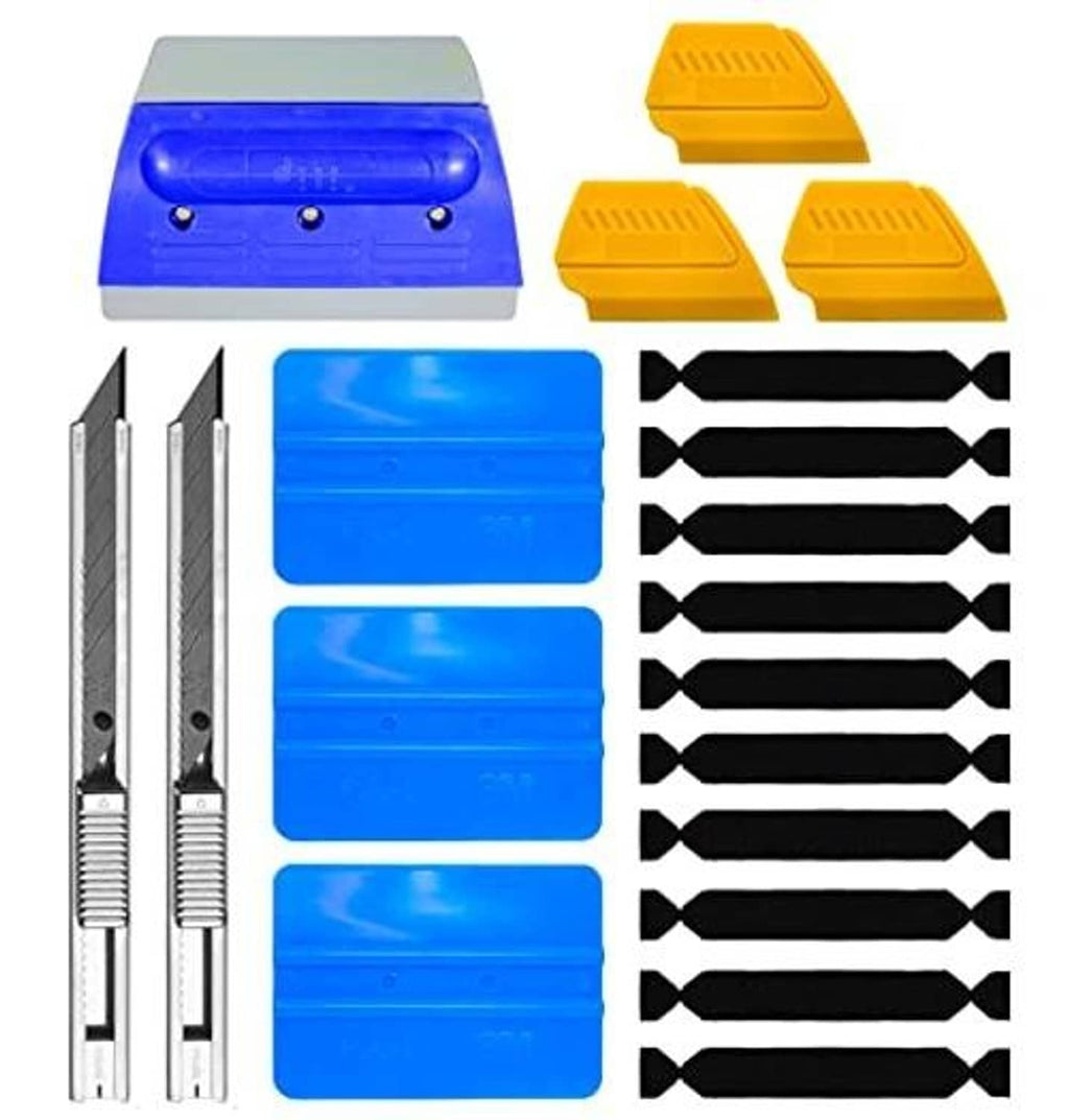 Squeegee applicator kit with blue pads, yellow contour blocks, and silver replacement blades