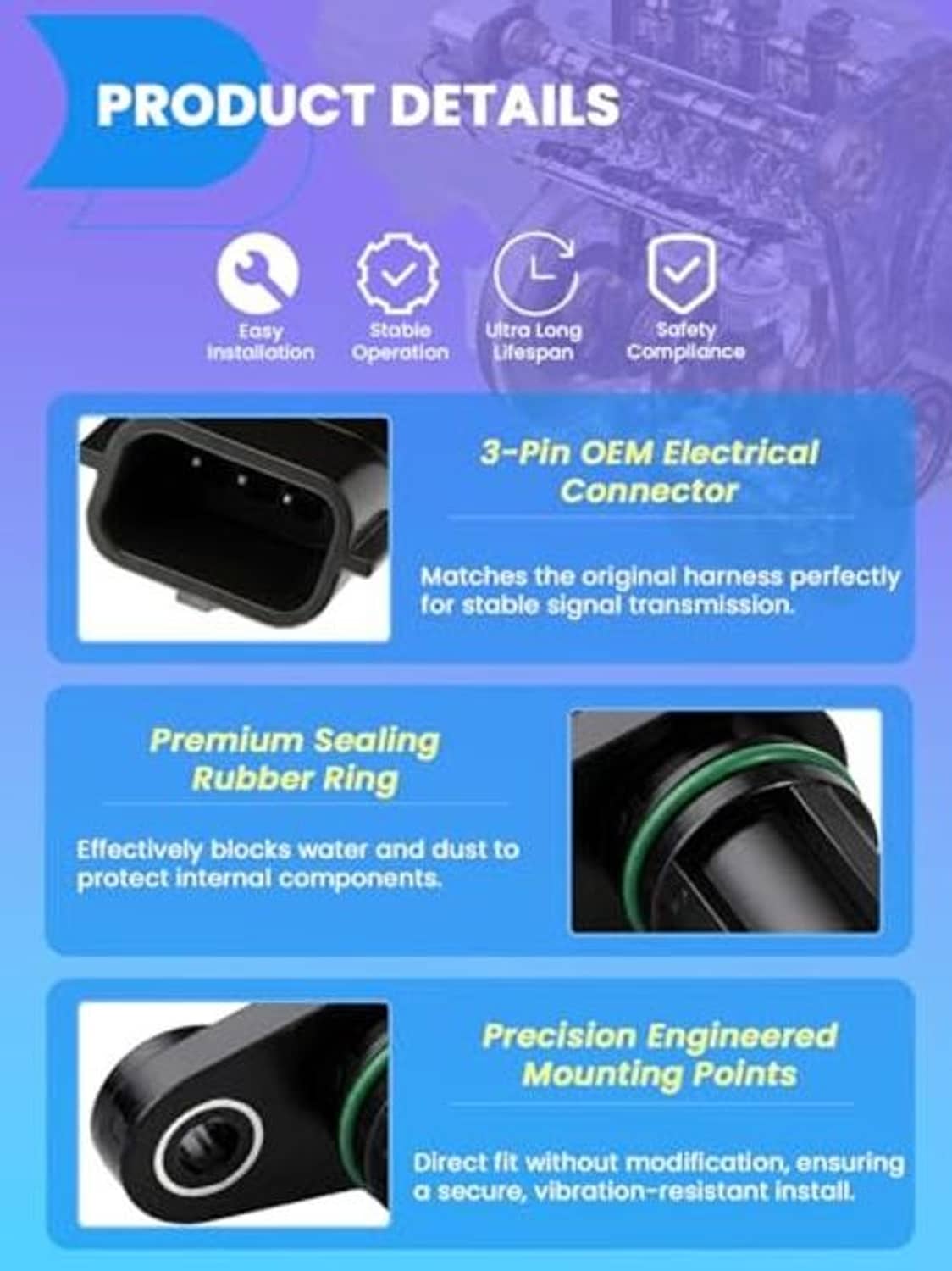 Crankshaft position sensor details: 3-pin OEM connector and rubber sealing ring