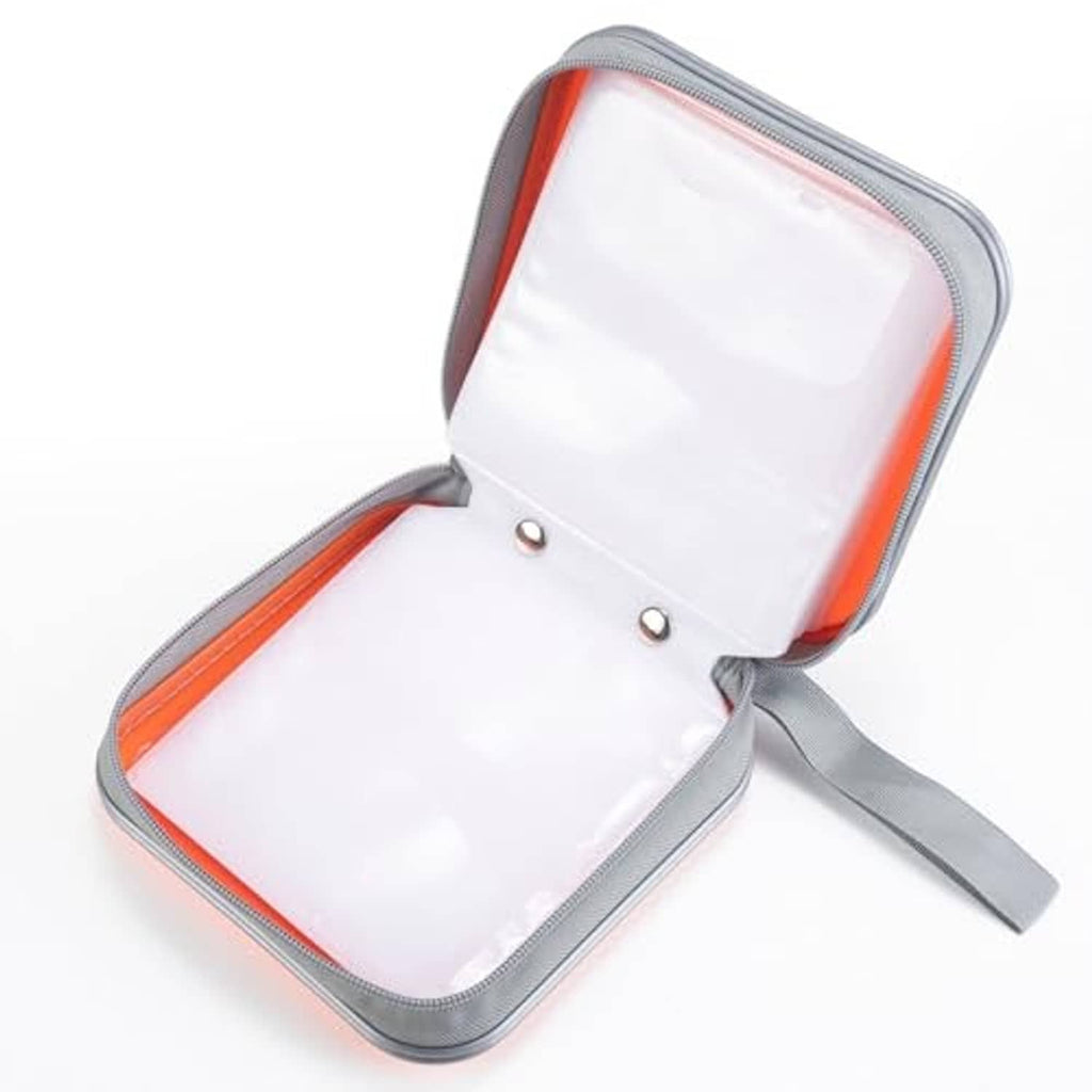 Orange hard DVD/CD case opened to show white interior inserts and grey strap.