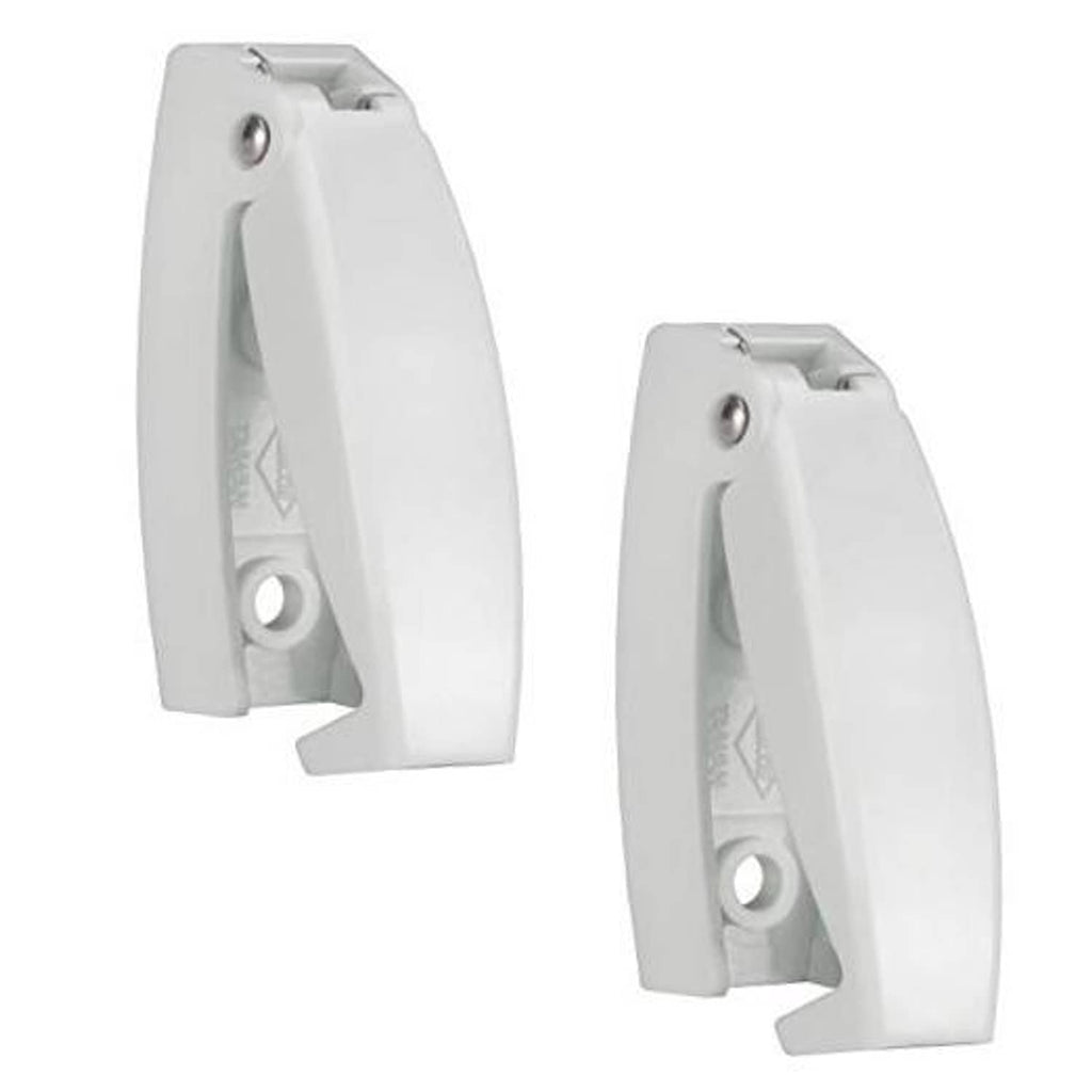 White rounded RV baggage door catch latch clips, two-pack with mounting pin and slot