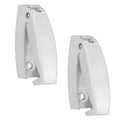 White rounded RV baggage door catch latch clips, two-pack with mounting pin and slot