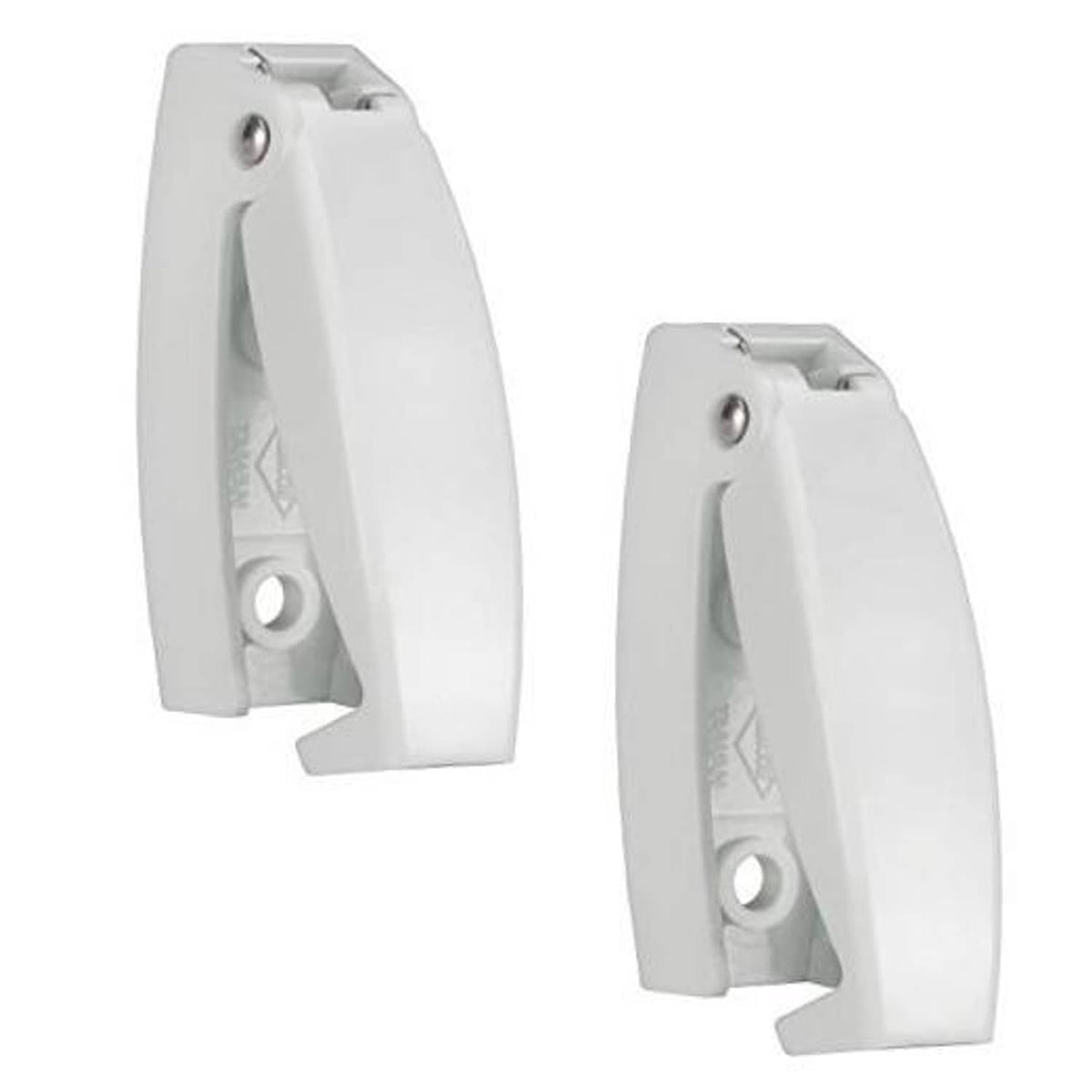 White rounded RV baggage door catch latch clips, two-pack with mounting pin and slot
