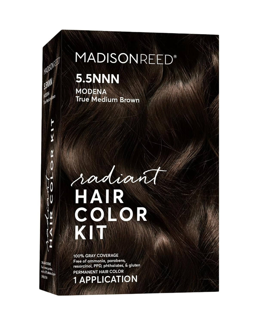 Radiant hair color kit box for 5.5NNN dark brown with warm golden tones.