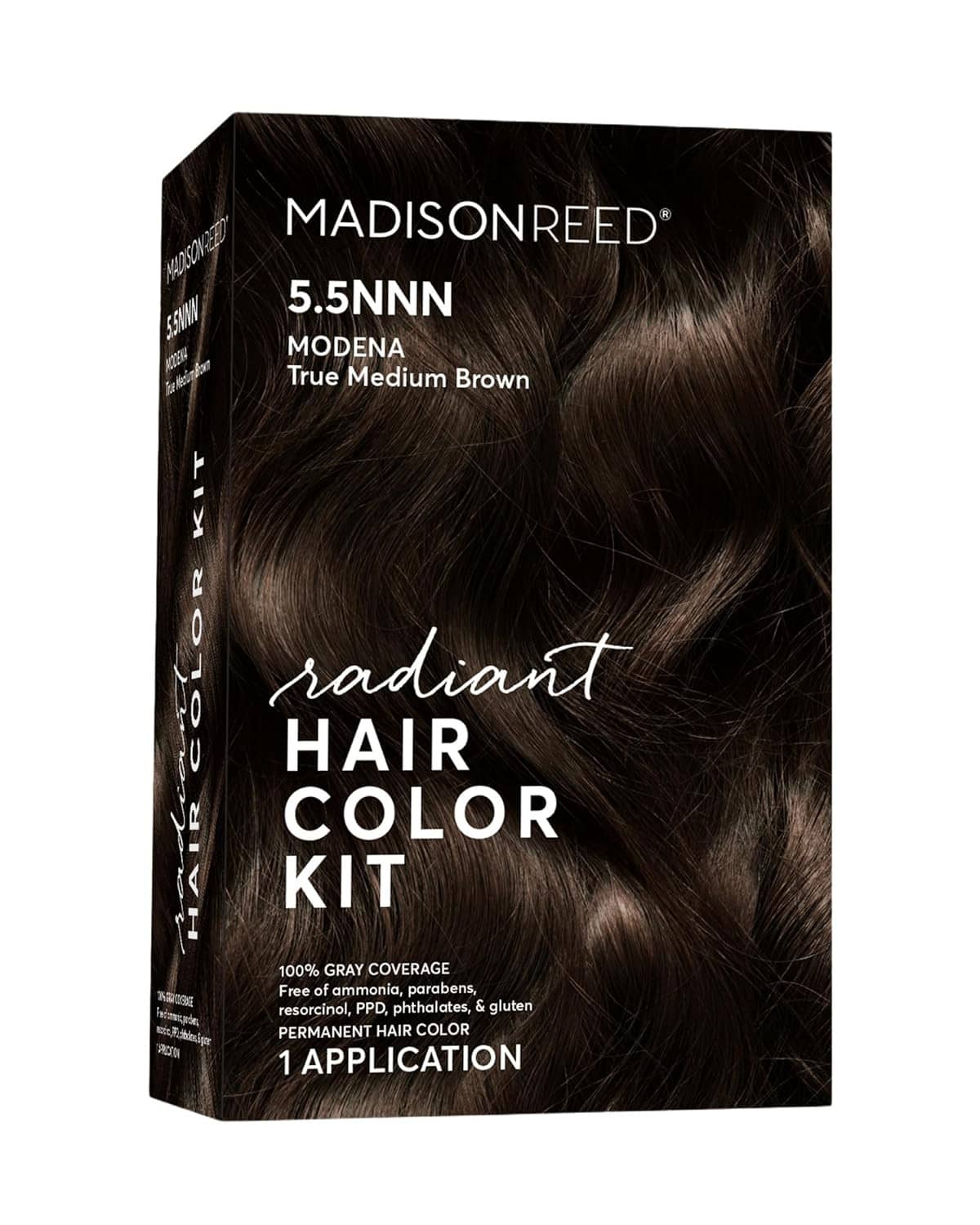 Radiant hair color kit box for 5.5NNN dark brown with warm golden tones.