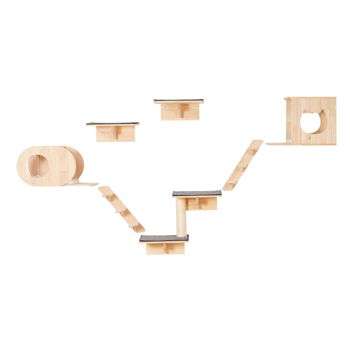 Wall-mounted cat shelf set with platforms, ramp, tunnel, and cubby openings