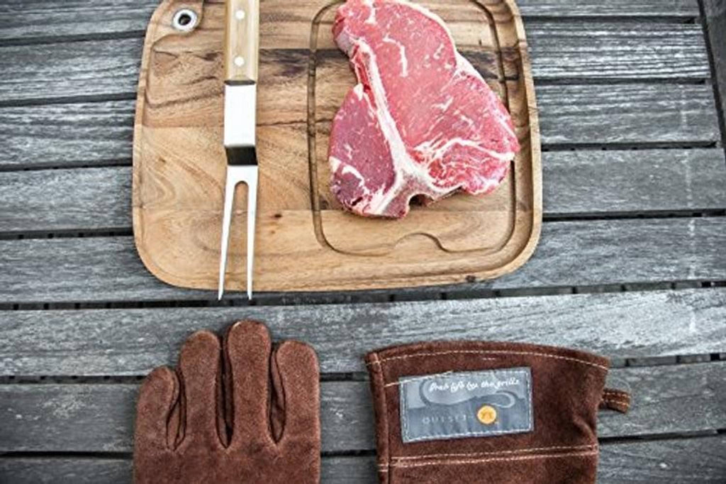 Brown leather grill gloves with stitched seams and five finger grips