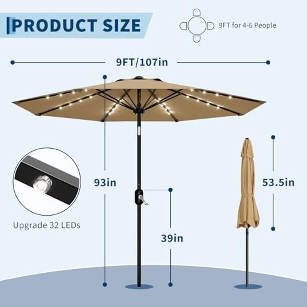 Tan patio table umbrella with solar LEDs on canopy underside and central pole support