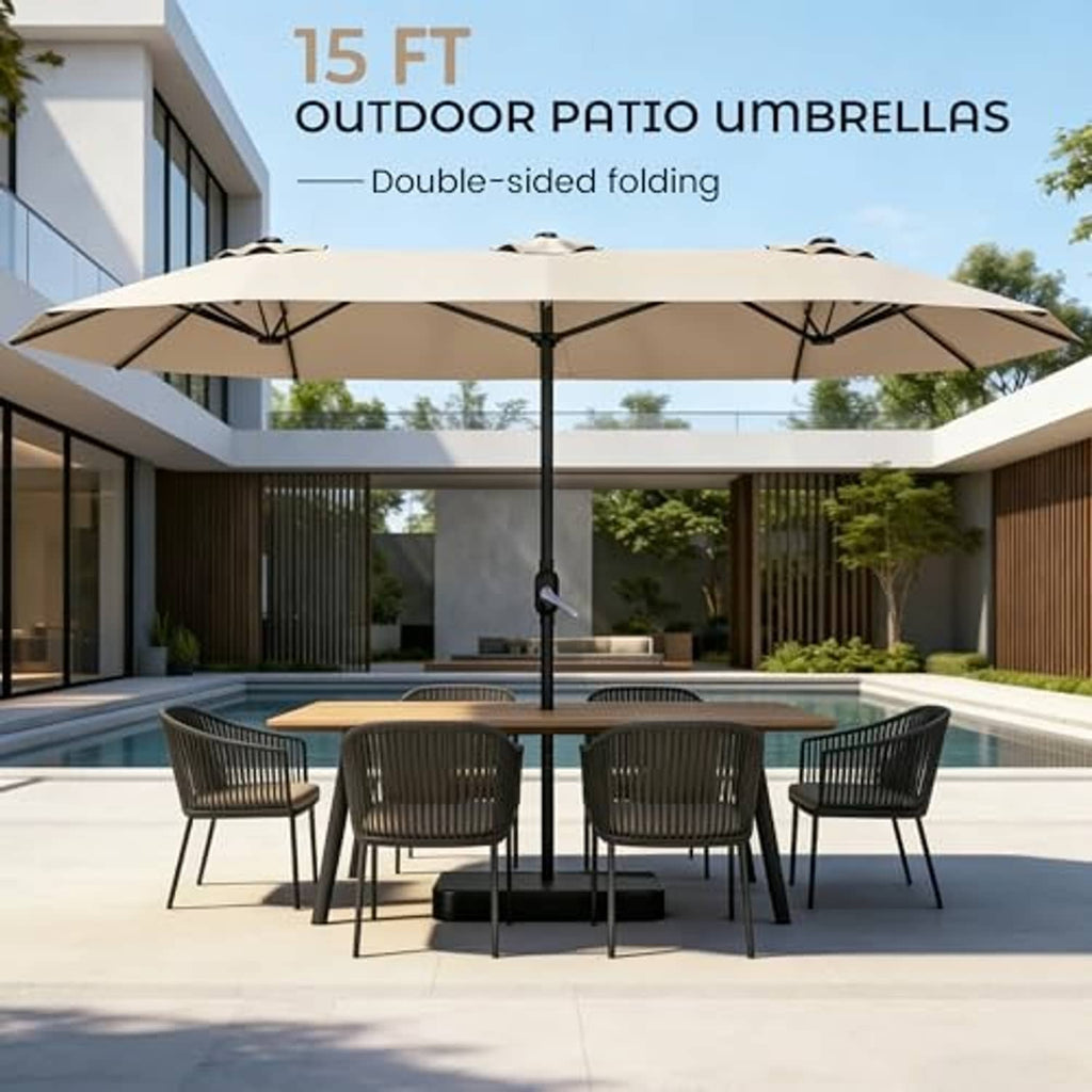 Large rectangle patio umbrella, beige canopy open over outdoor dining chairs