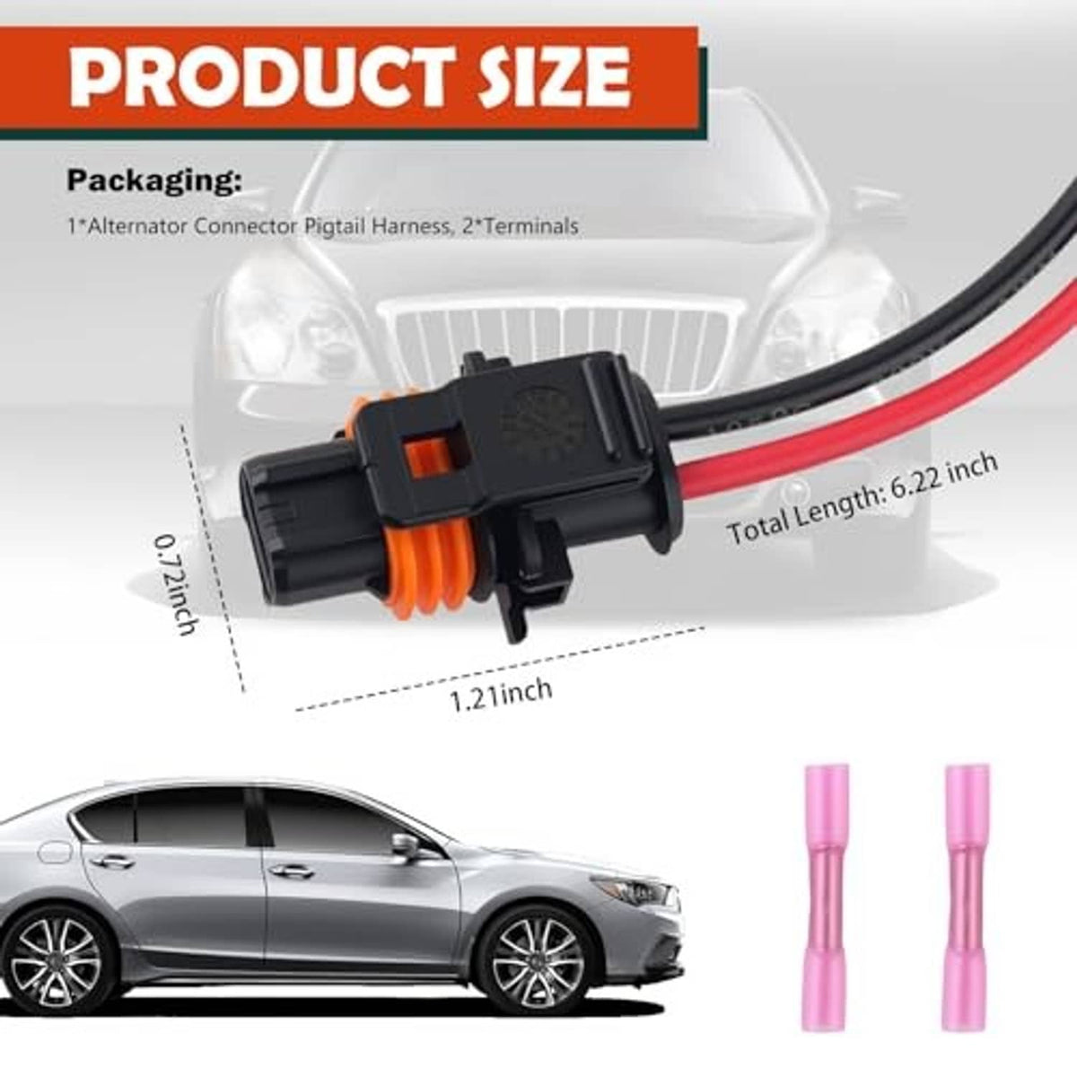 Alternator connector pigtail harness with black connector, red wires, and two pink terminals