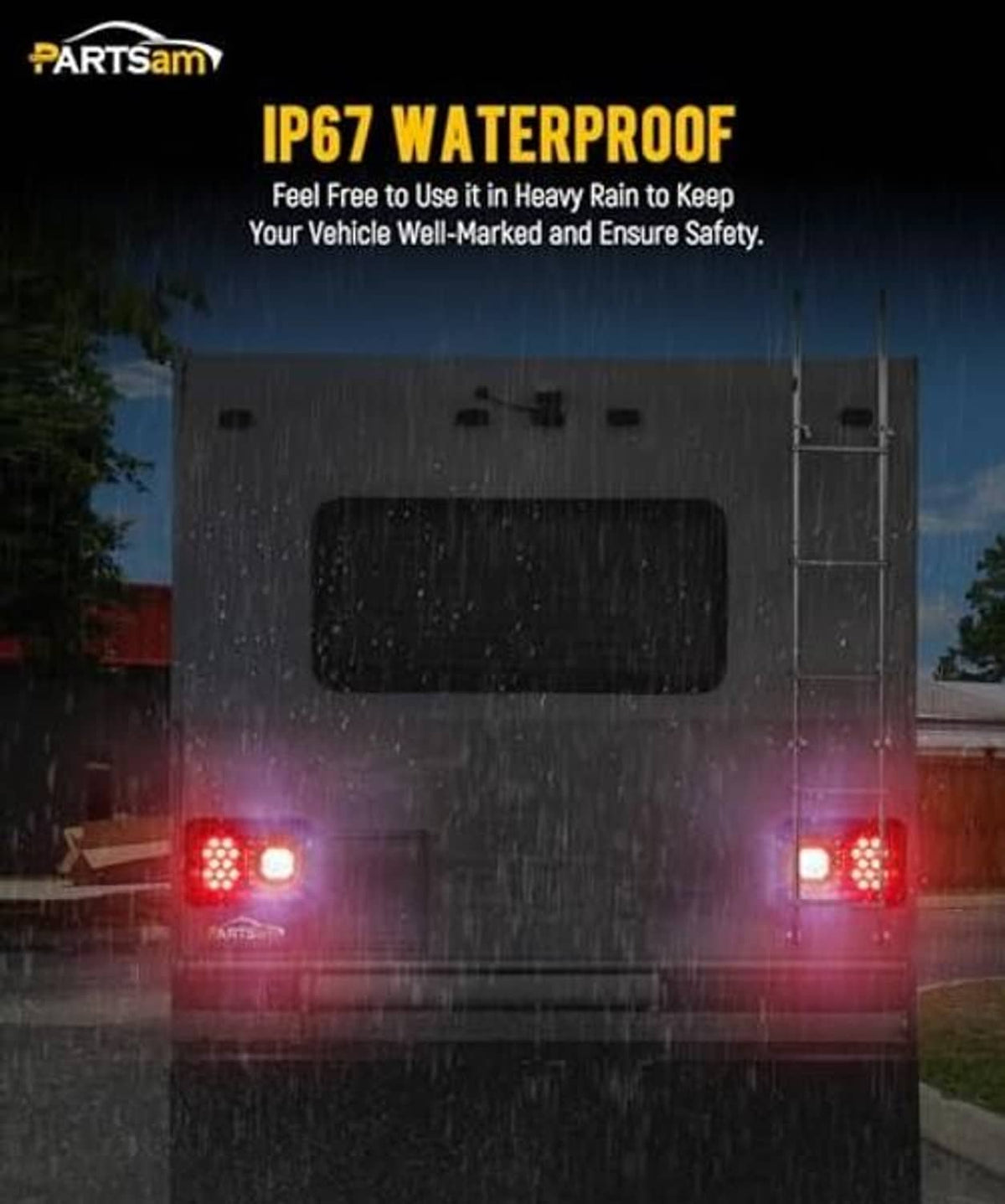 Red LED waterproof trailer tail lights glowing under rainy weather