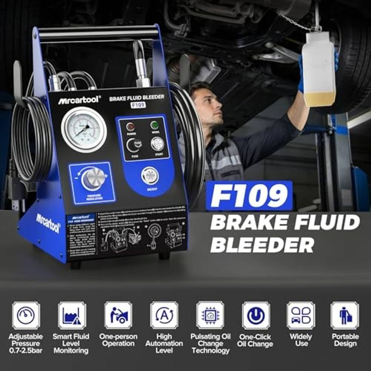 Electric brake fluid bleeder set with pressure gauge and control panel, used on vehicle