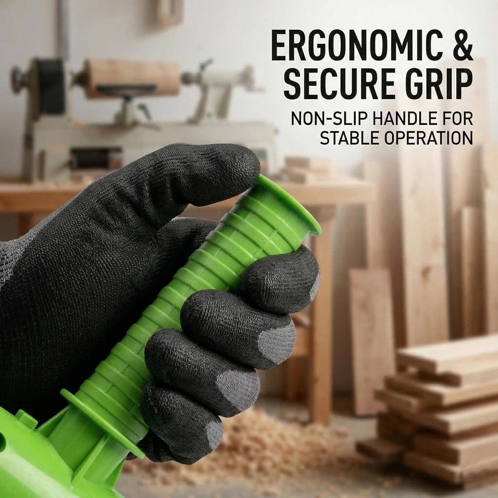 Green firewood marker tool held in a non-slip gloved grip near the roller wheel