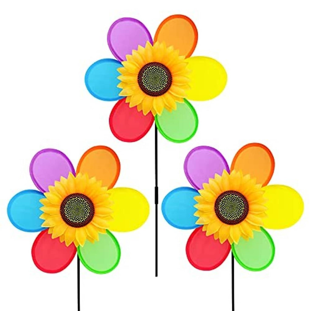 Colorful sunflower pinwheel yard windmill with black stakes, four pinwheels