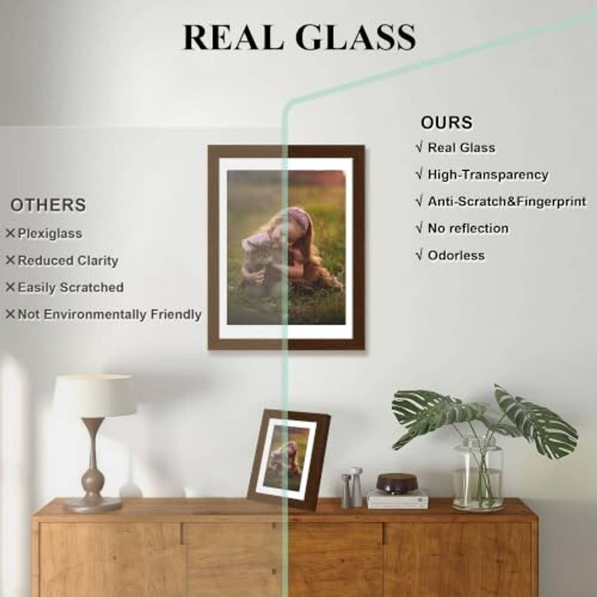 Walnut wood 8x10 picture frame with clear real-glass front