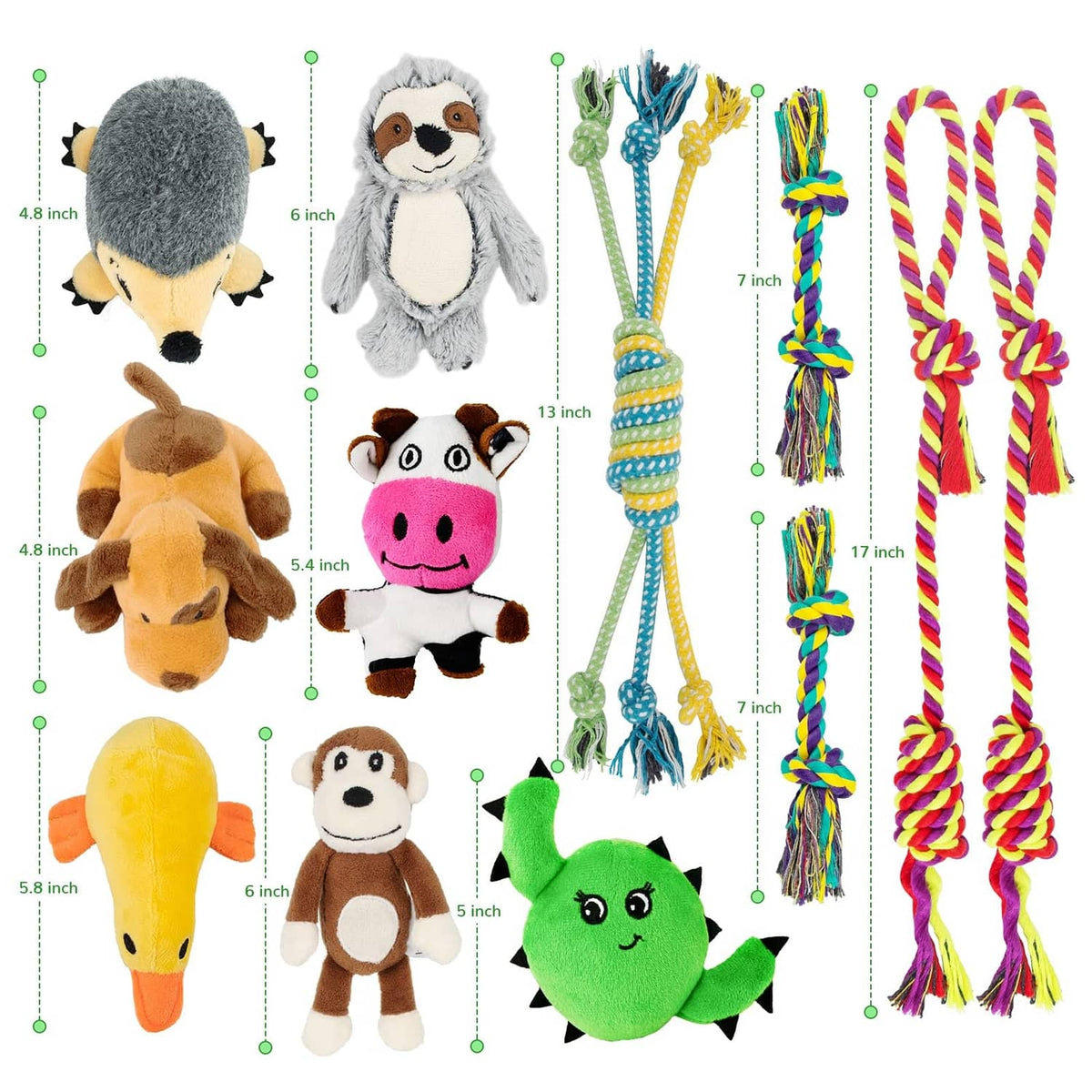 Assorted plush squeaky characters and braided cotton rope tug toys with dimensions