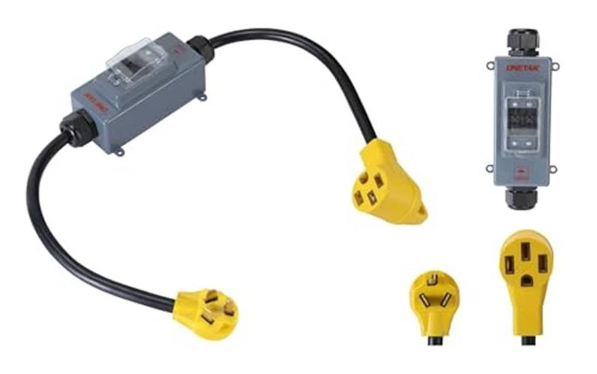 NEMA dryer adapter set with yellow 10-30P plug, 14-50R receptacle, and grey switch box, 240V