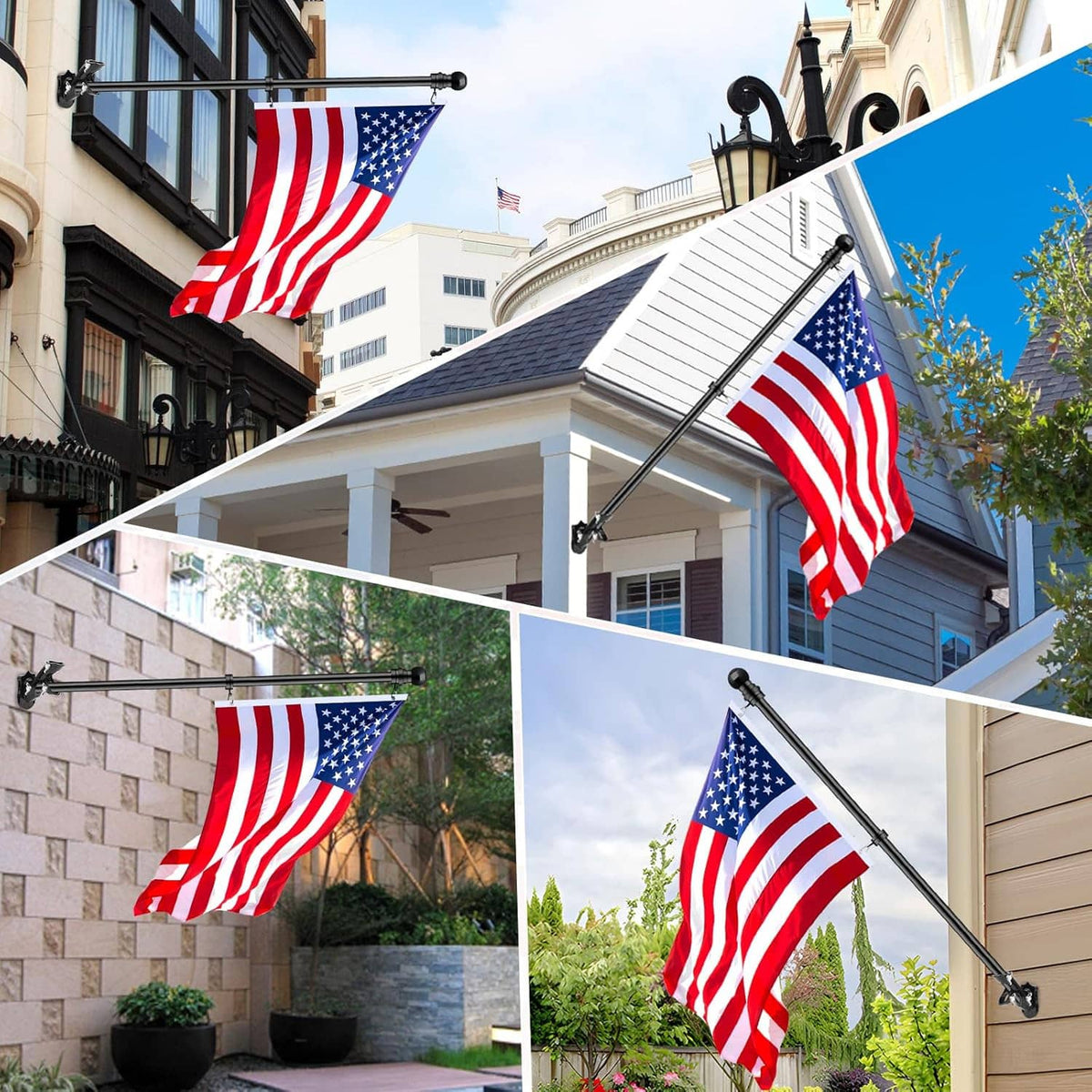 Flagpole bracket mounted on a house wall with an American flag attached