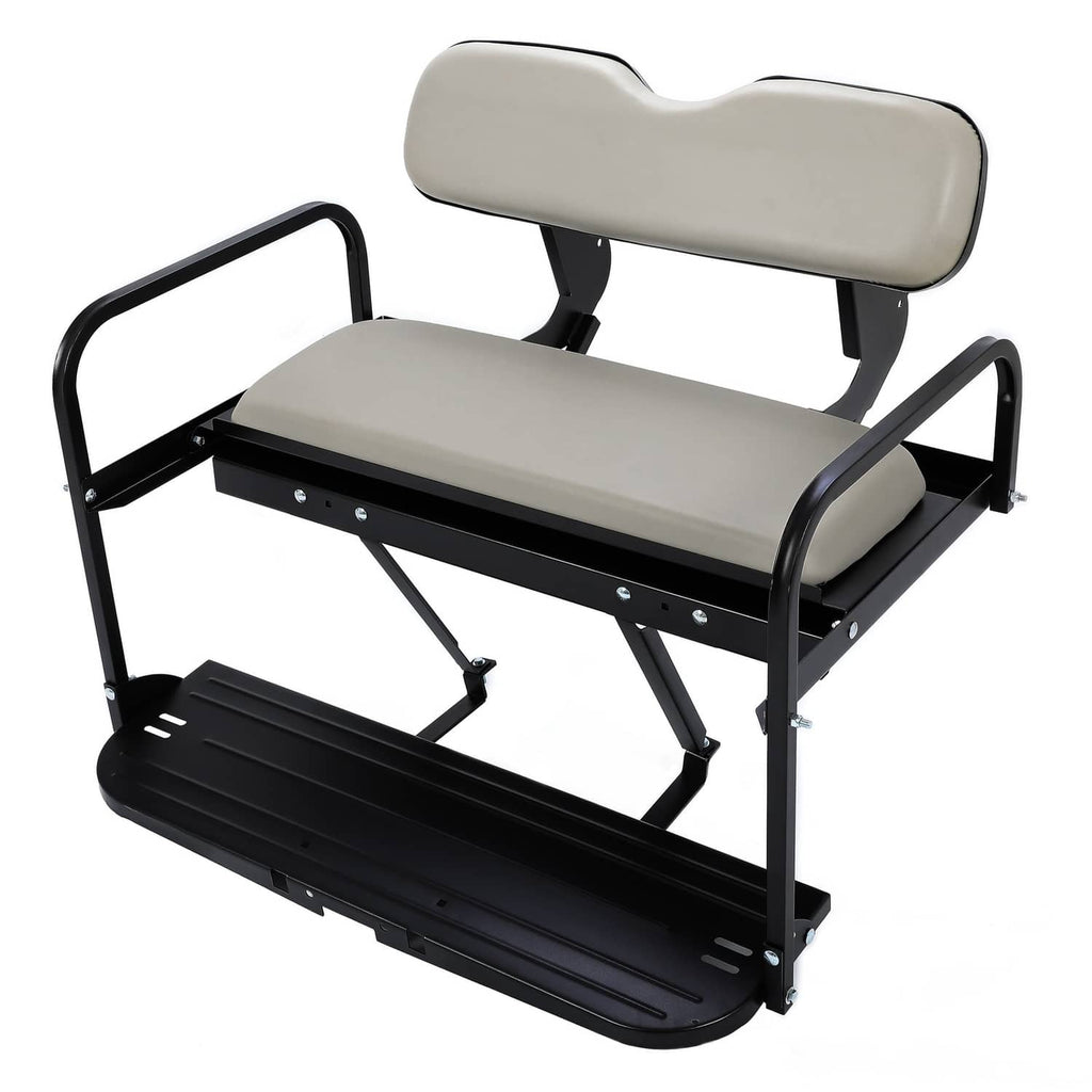 Golf cart rear flip seat kit with gray padded backrest and black steel frame