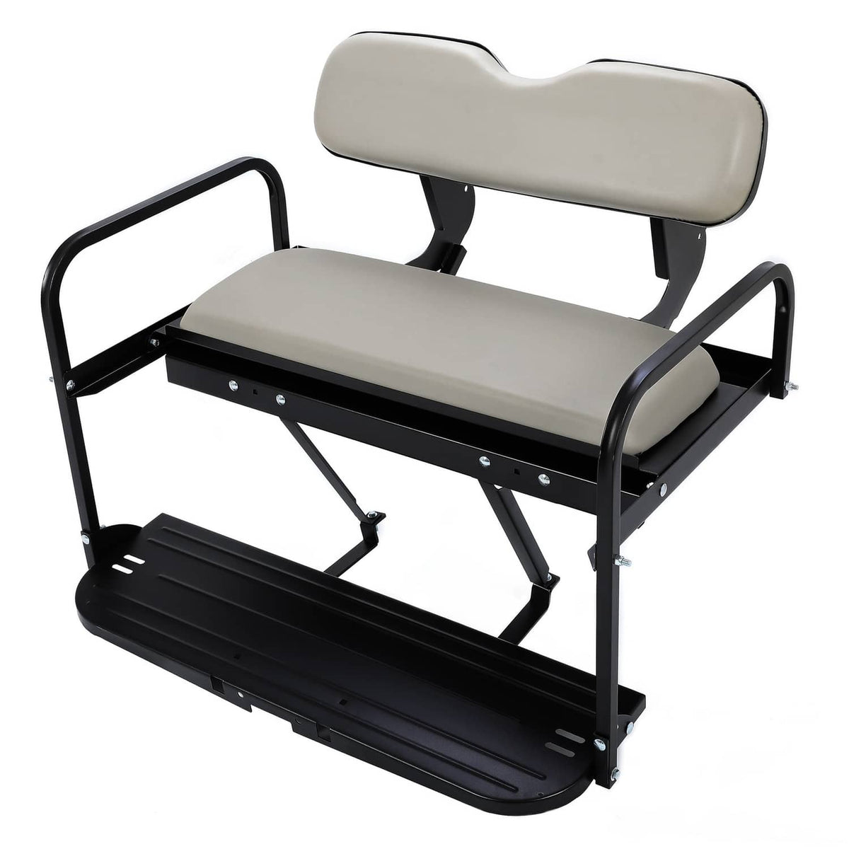Golf cart rear flip seat kit with gray padded backrest and black steel frame