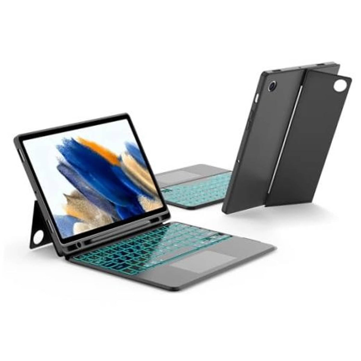 Magnetic tablet keyboard case with dark cover and detachable keyboard, teal keys surface